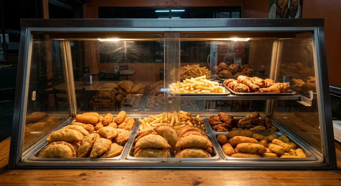 Vitrina caliente de una fritanga llena de empanadas, papas y pollo por la noche, antes de cerrar