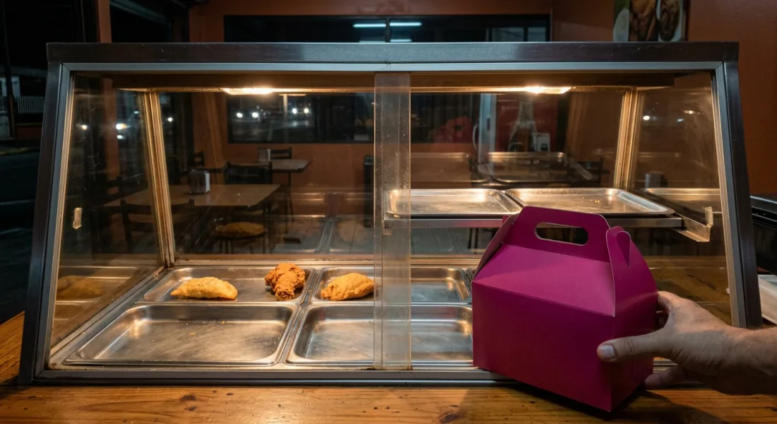 Vitrina caliente de una fritanga casi vacía con un rescatico ya armado sobre el mostrador