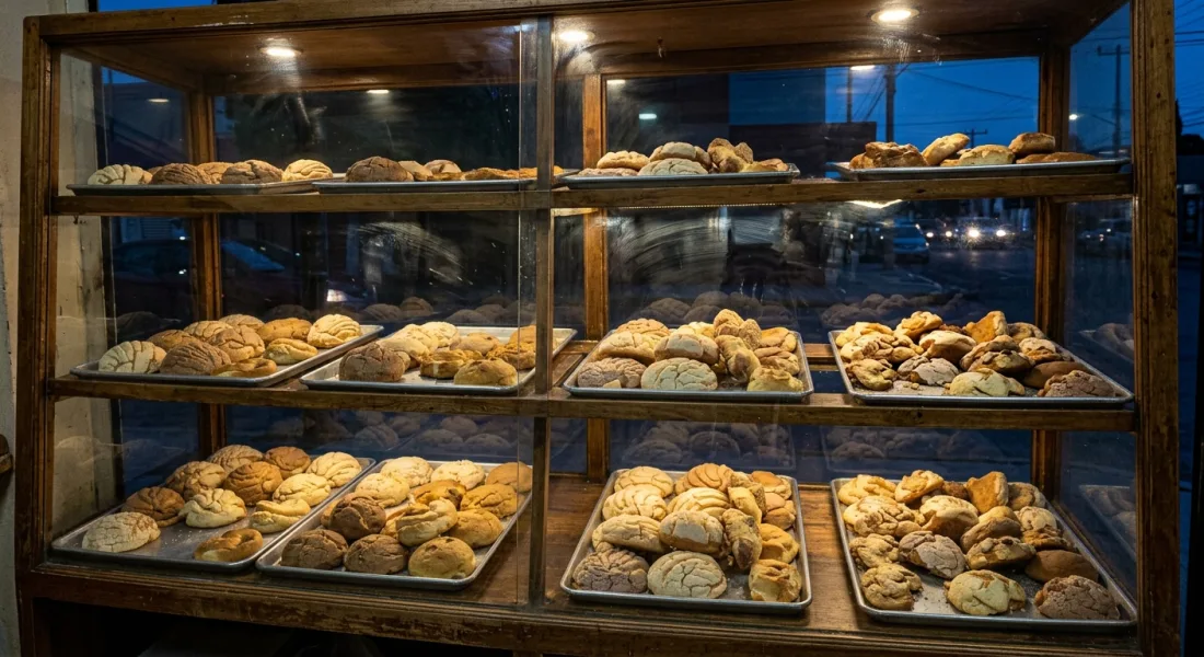 Vitrina de panadería llena de pan y repostería por la noche, antes de cerrar