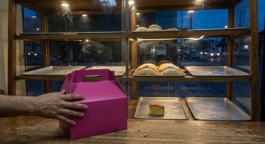 Vitrina de panadería casi vacía con un rescatico ya armado sobre el mostrador